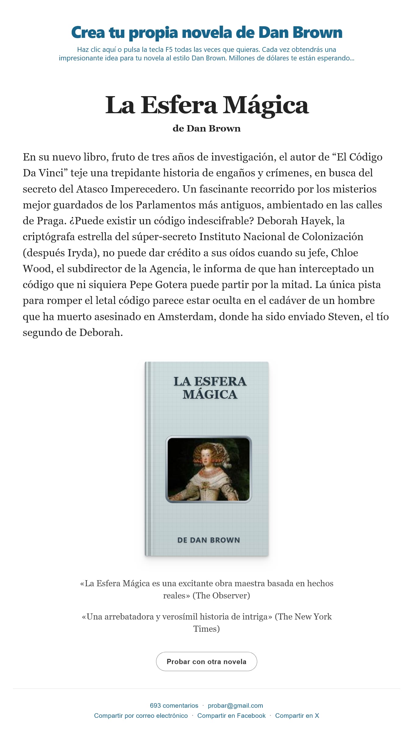 https://probar.blogspot.com/ Captura tomada de "Crea tu propia novela de Dan Brown"