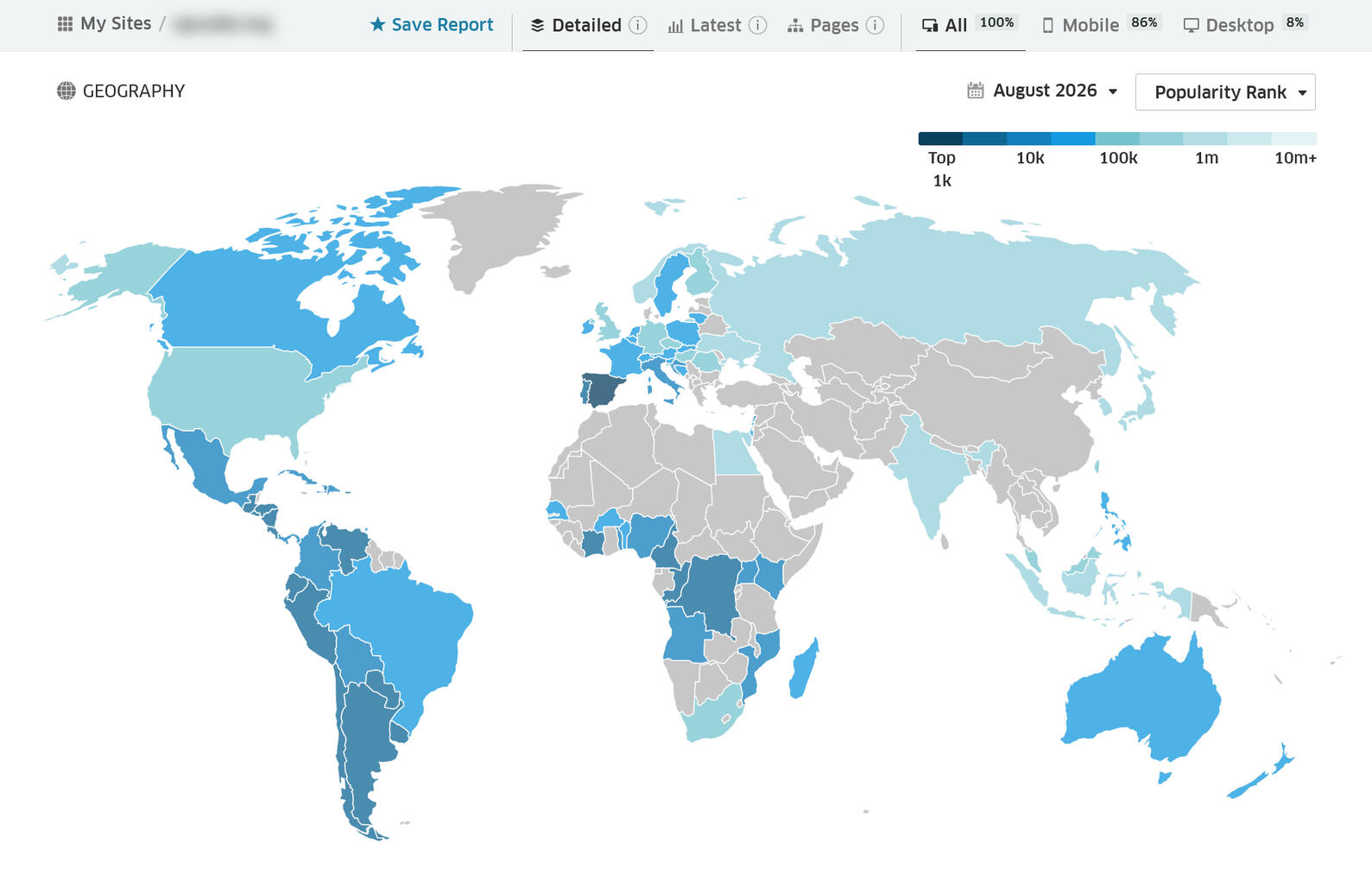 Mapa de popularidad geográfica en CrUX del proyecto 1